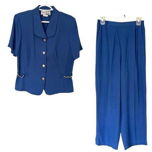 Sheri Martin Womens VTG Button Up Blouse Crop Pants Set Size 10P Blue Secretary - Picture 1 of 15